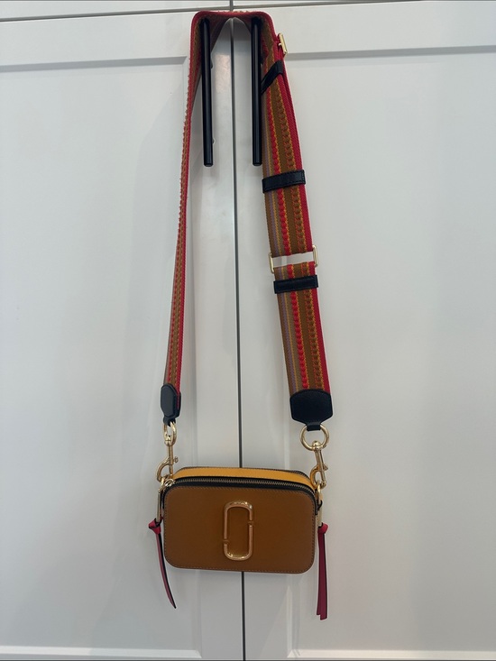 Marc Jacobs Handbags - Marc Jacobs Tan Camera Crossbody with Red-Striped Webbing Strap